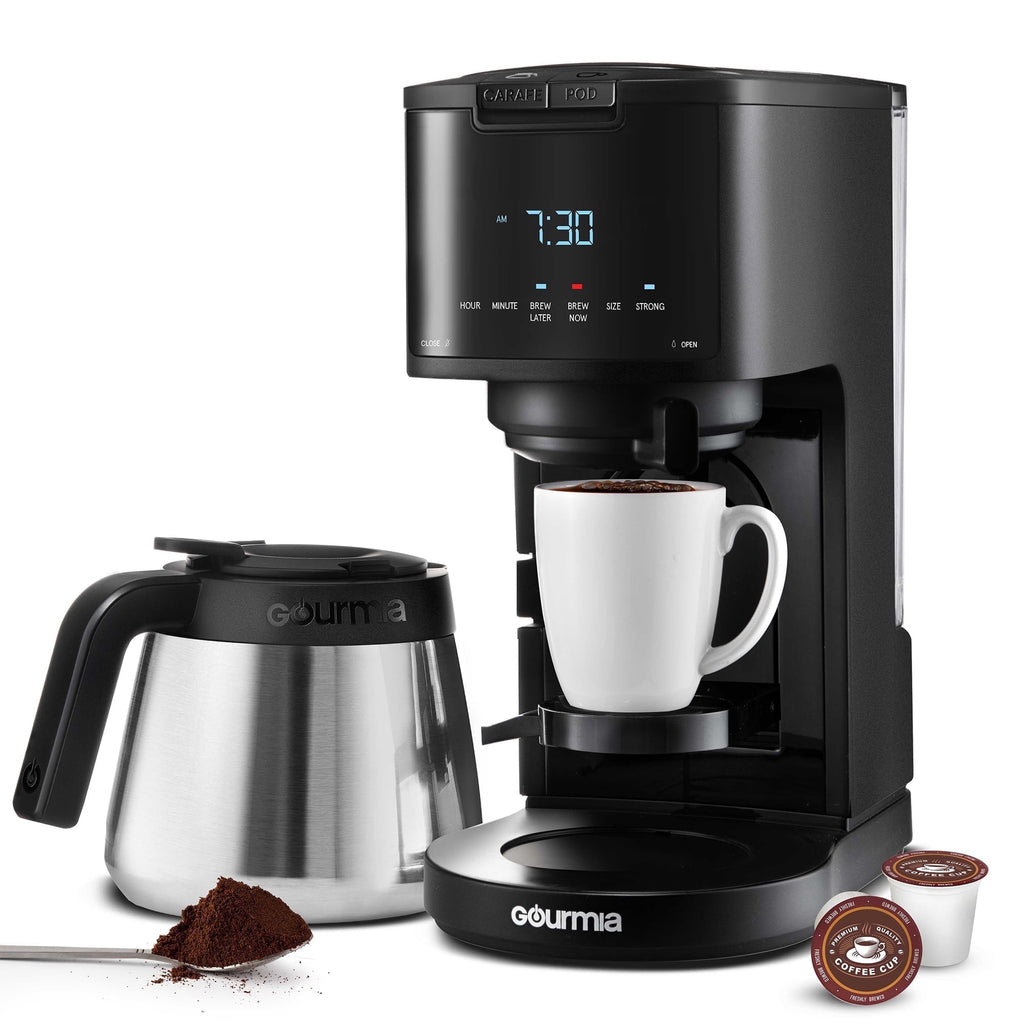 Gourmia 2-in-1 Coffee Maker, Single Serve Pod + 12 Cup Drip, K-Cup Compatible, Black