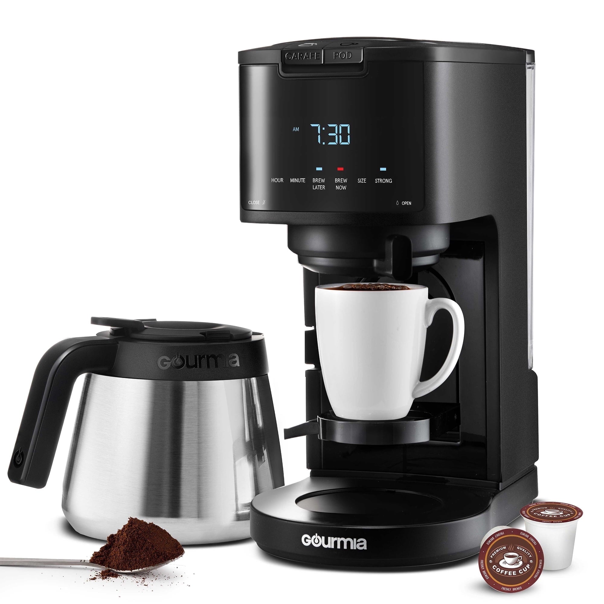 Gourmia 2-in-1 Coffee Maker, Single Serve Pod + 12 Cup Drip, K-Cup Compatible, Black