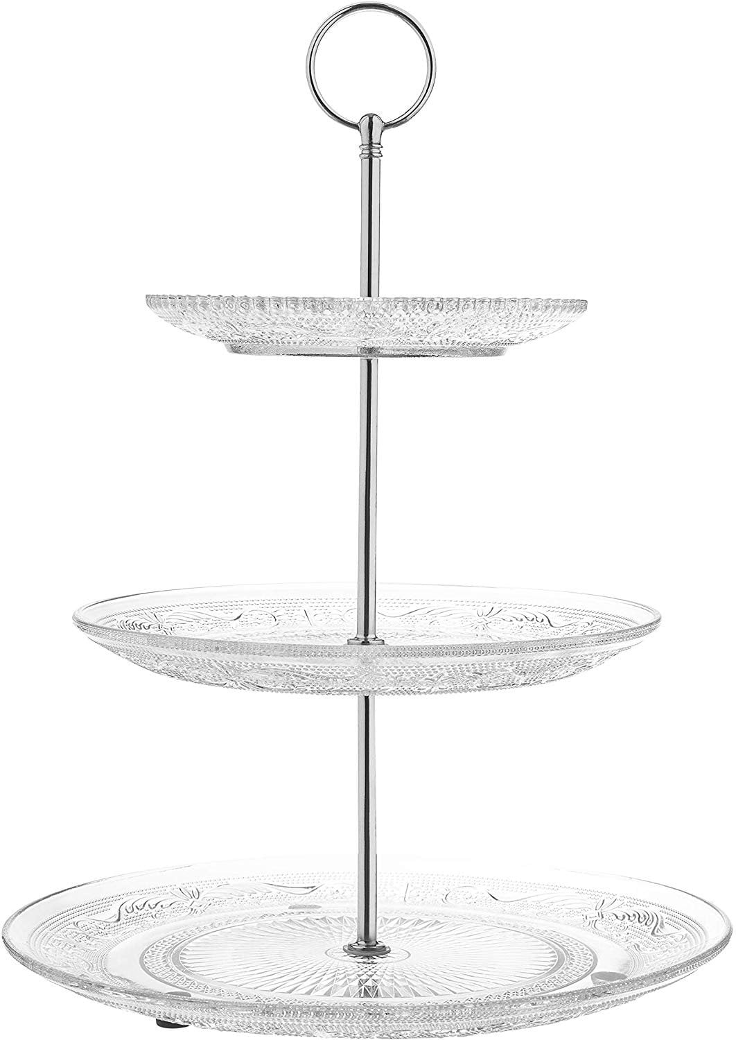 Royalty Art 3-Tiered Serving Stand (Glass) Beautiful, Elegant Dishware Serve Snacks, Appetizers, Cakes, Candies Durable, Reusable Party or Holiday Hosting (SILVER)