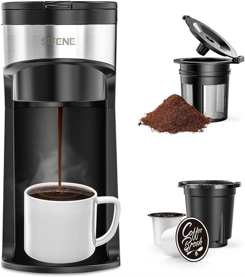 SIFENE 2-in-1 Single Serve Coffee Maker, Compatible with K-Pods & Grounds, Fast Brew, Compact Design, 6-12oz