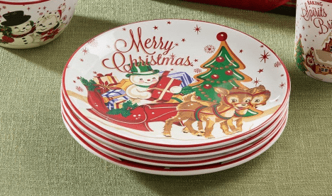 Santa’s Retro Christmas Dessert Plates – Set of 4 Assorted Holiday Plates with Santa, Reindeer & Snowman Art, Festive Vintage Tableware for Christmas