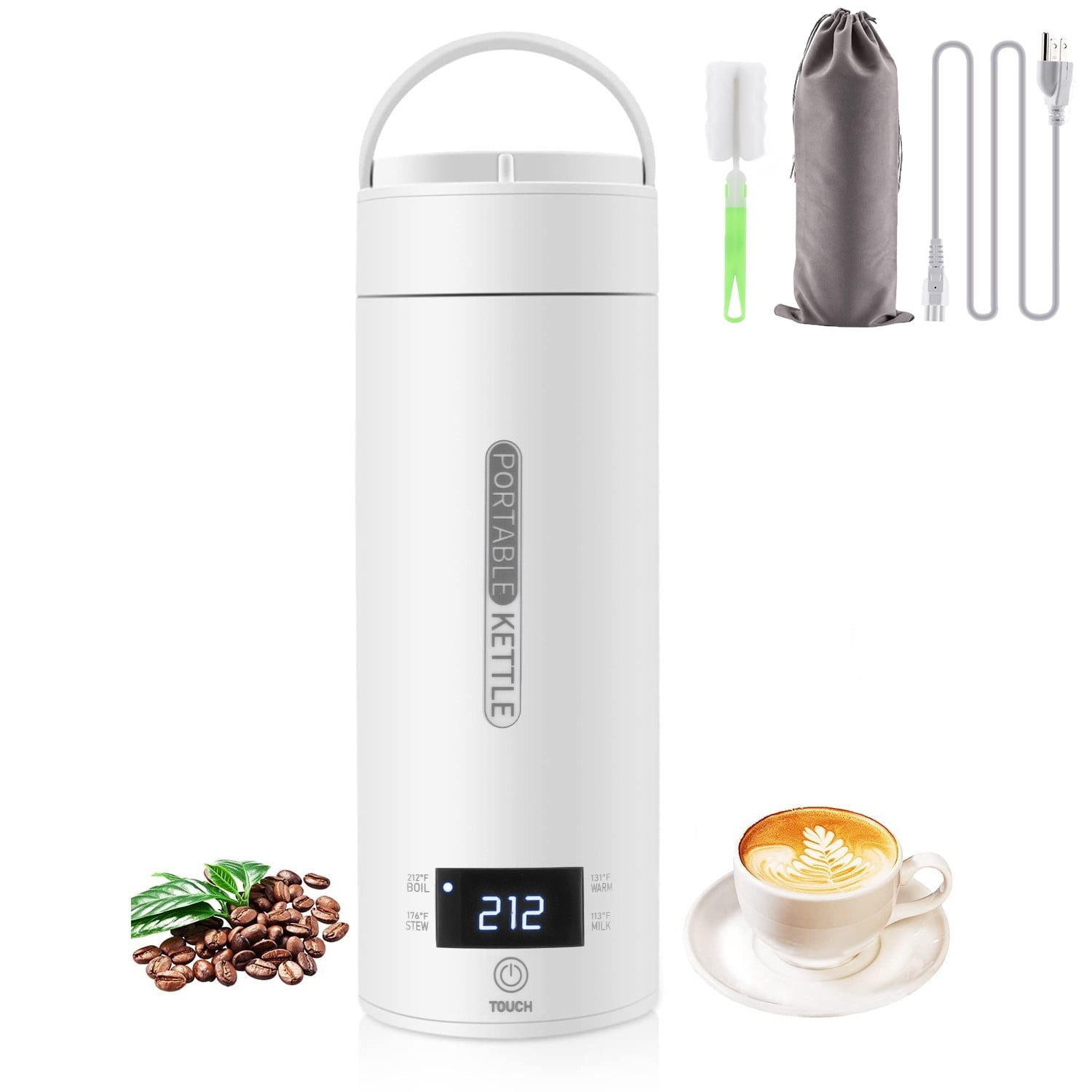 Smart Travel Kettle Electric Small Stainless Steel Portable Digital Electric Kettle for Boiling Water 380ml Travel Tea Kettle Portable Water Boiler, White