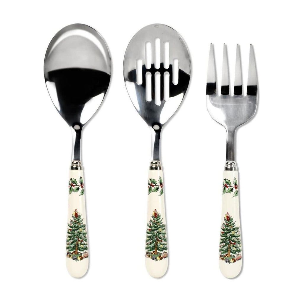 Spode Christmas Tree 3-Piece Stainless Steel Cutlery Set - Porcelain Handle Flatware with Meat Fork, Serving Spoon, & Slotted Spoon - Holiday Silverware for Christmas Dinners & Seasonal Gatherings