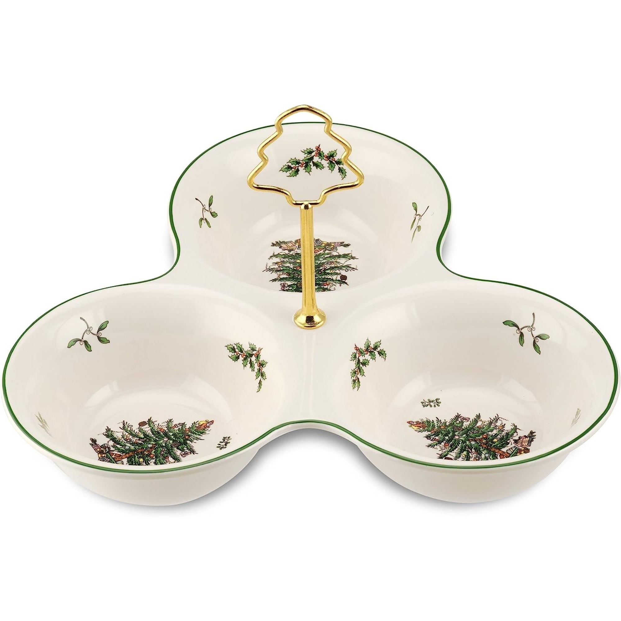 Spode Christmas Tree 3 Section Server with Tree Handle - Divided Serving Tray for Nuts, Candies, Condiments, Holiday Treats - Festive Earthenware Tableware for Seasonal Entertaining & Hosting