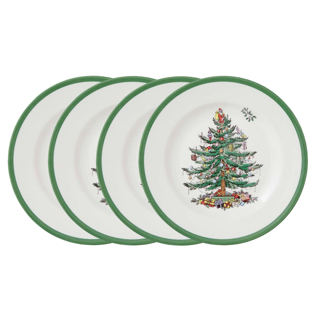 Spode Christmas Tree 8 Inch Salad Plates, Set of 4 - Holiday Earthenware Tableware Gift, Festive Small Dinner Plate for Sides, Appetizers, Starters - Made in England, Dishwasher, Oven, Microwave Safe
