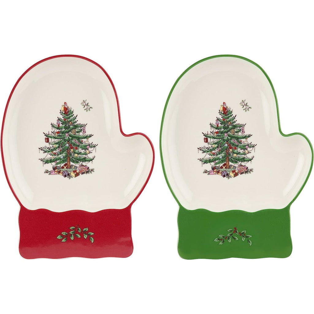 Spode Christmas Tree Mitten Dishes (Set of 2) - Red & Green Serving Platters for Cookies, Desserts, Appetizers, 7" Fine Earthenware Plates, Dishwasher Safe Holiday Tableware for Seasonal Gatherings