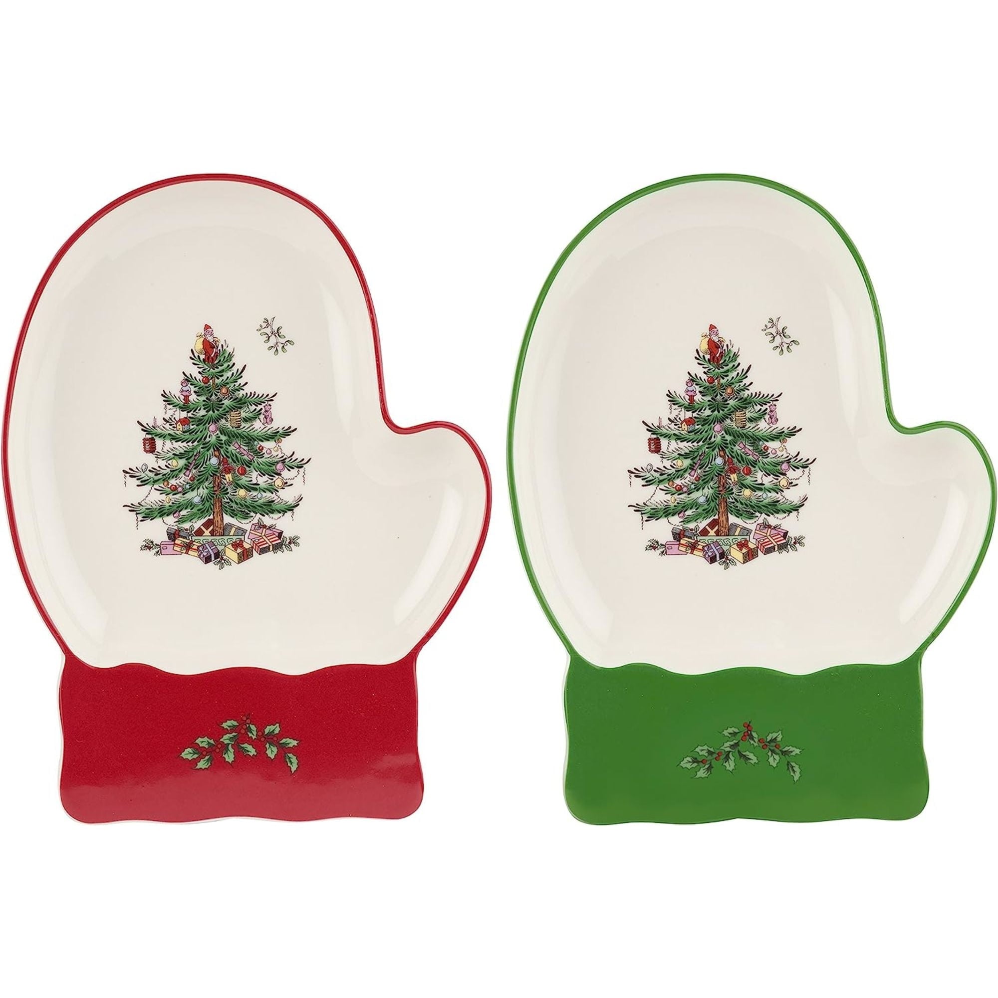 Spode Christmas Tree Mitten Dishes (Set of 2) - Red & Green Serving Platters for Cookies, Desserts, Appetizers, 7" Fine Earthenware Plates, Dishwasher Safe Holiday Tableware for Seasonal Gatherings