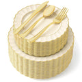 Stock Your Home 125 Pack Ivory and Gold Scalloped Plastic Dinnerware Set, 25 Place Settings with Plates, Forks, Spoons and Knives, Heavy Duty Gold Rimmed Set for Holiday Dinners and Parties