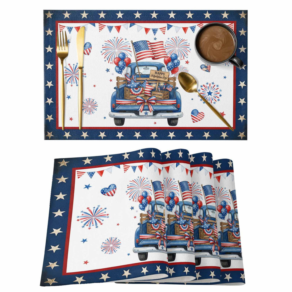 Table Placemats Set of 4,250th Anniversary Retro Truck Non-Slip Kitchen Dining Tables Place Mat,Independence Day Patriotic Washable Table Mats for Home Dinner Holiday Party Banquet