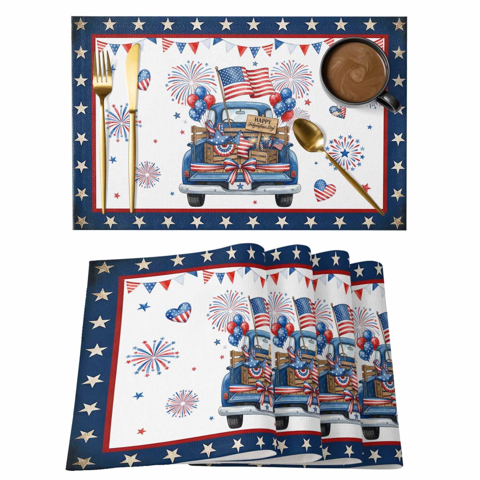 Table Placemats Set of 4,250th Anniversary Retro Truck Non-Slip Kitchen Dining Tables Place Mat,Independence Day Patriotic Washable Table Mats for Home Dinner Holiday Party Banquet