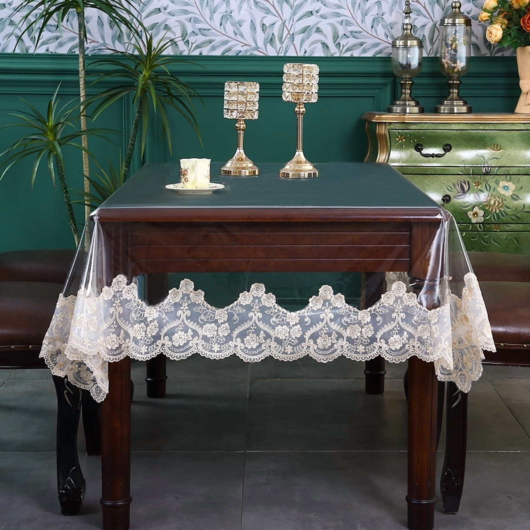 XmhyTop-A Clear PVC Tablecloth 130x180cm Table Cover with Decorative Lace Border for Holiday Party Kitchen,T07