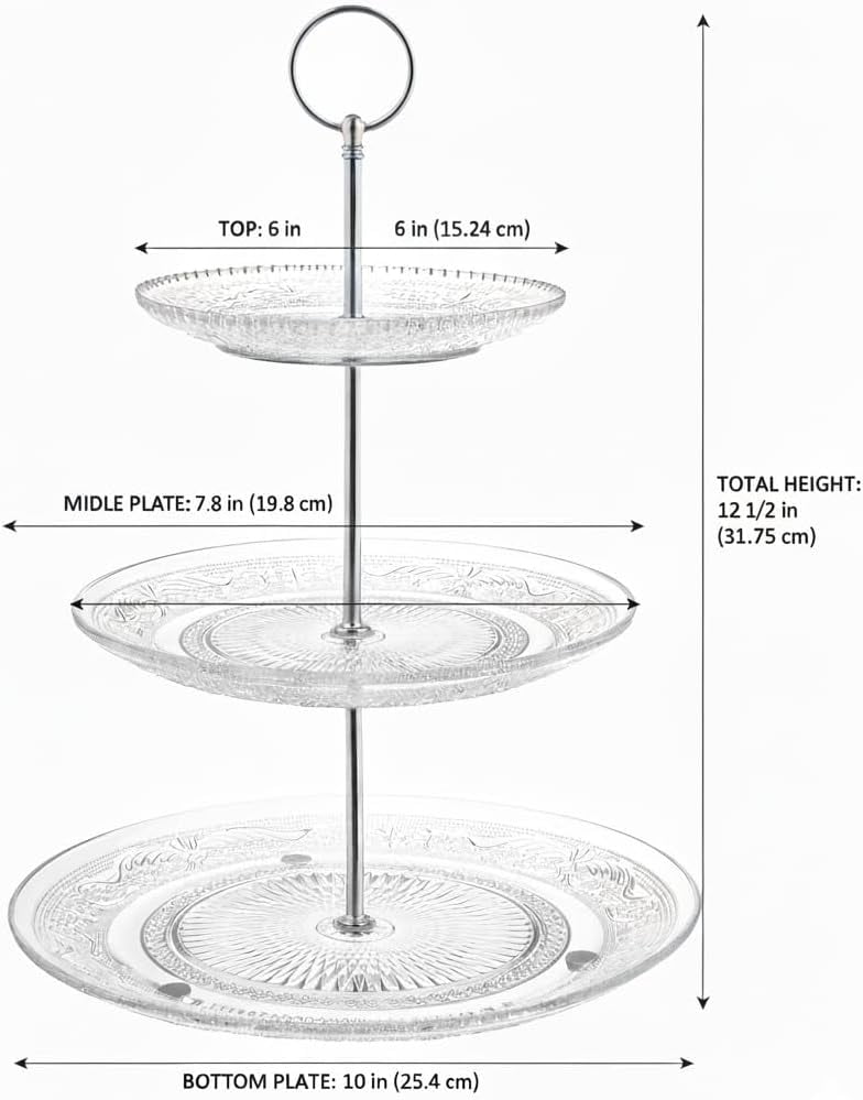 3-Tiered Serving Stand (Glass) Beautiful, Elegant Dishware Serve Snacks, Appetizers, Cakes, Candies Durable, Reusable Party or Holiday Hosting (Silver) (1) (1)