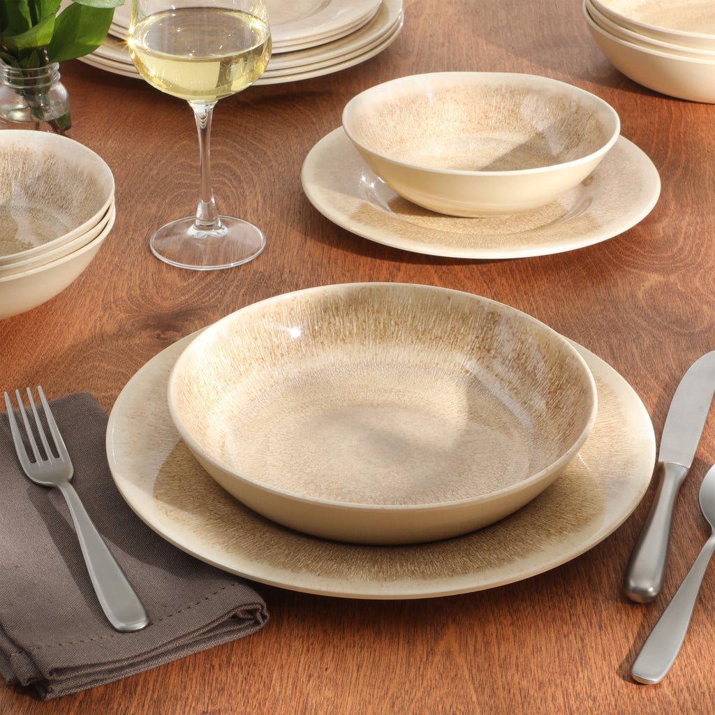 Gibson Home Casper Court 16-Piece Melamine Dinnerware Set – Reactive Glaze Look - Service for - Beige