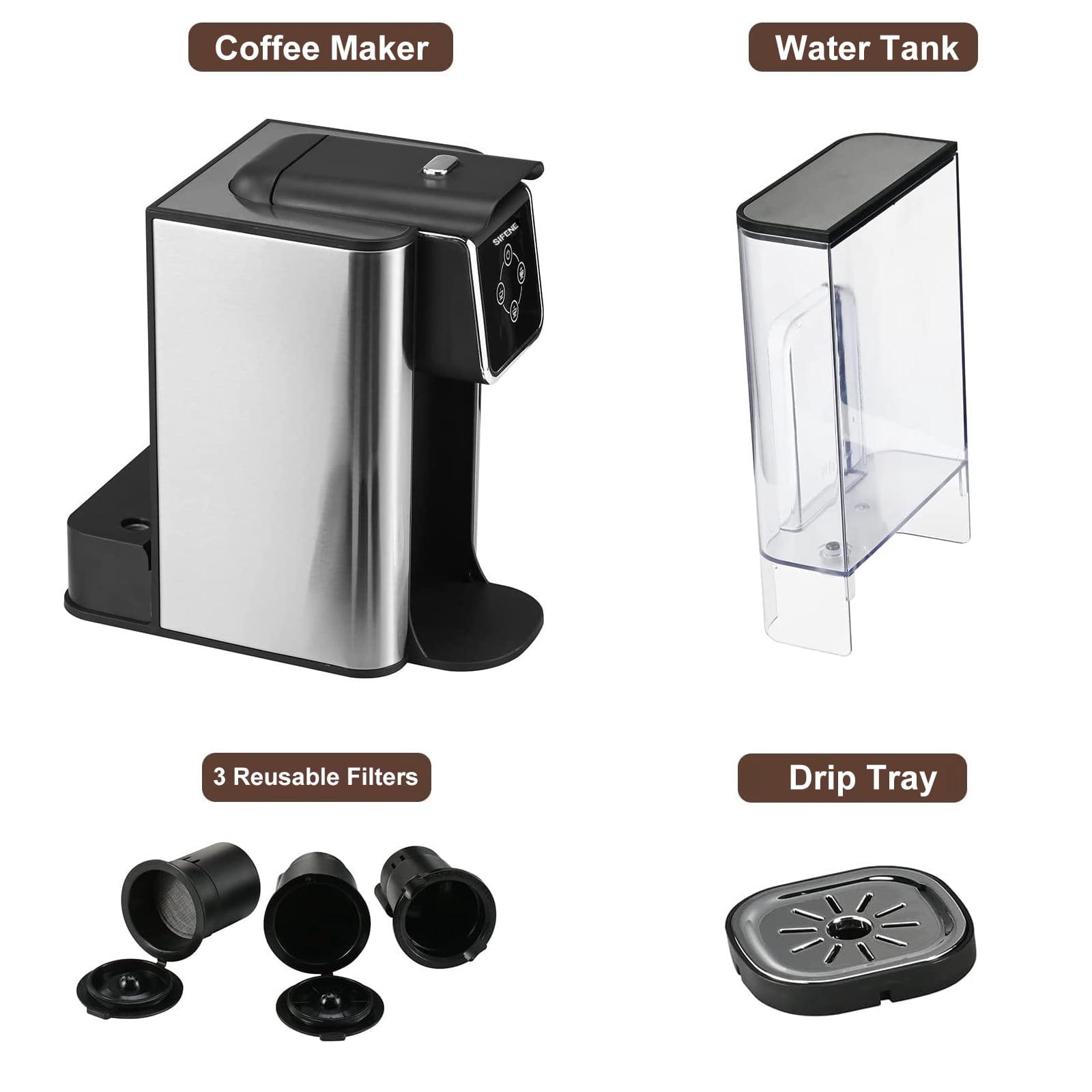 SIFENE 3-in-1 Single Serve Coffee Maker, Compatible with K Cup Capsules & Grounds, Tea Maker, 6-10 Oz Brew Sizes, 50 Oz Removable Reservoir, Fast Brew, Compact Design, 120V 1150W, Black