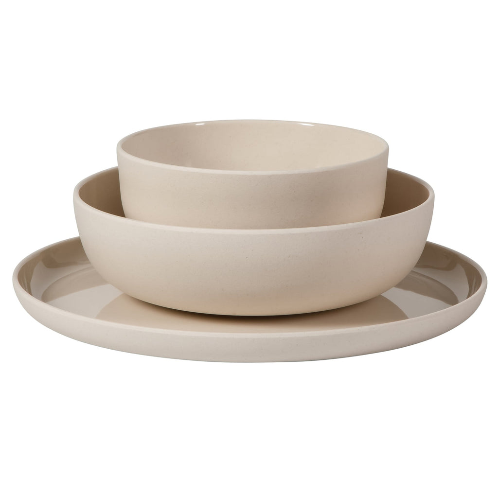 Gibson Home Candy Skies 12 Piece Unbreakable Wheat Straw Melamine Plates and Bowls Dinnerware Set - Outdoor, Camping, & Everyday Use - Matte Exterior/Shiny Interior Taupe Cream
