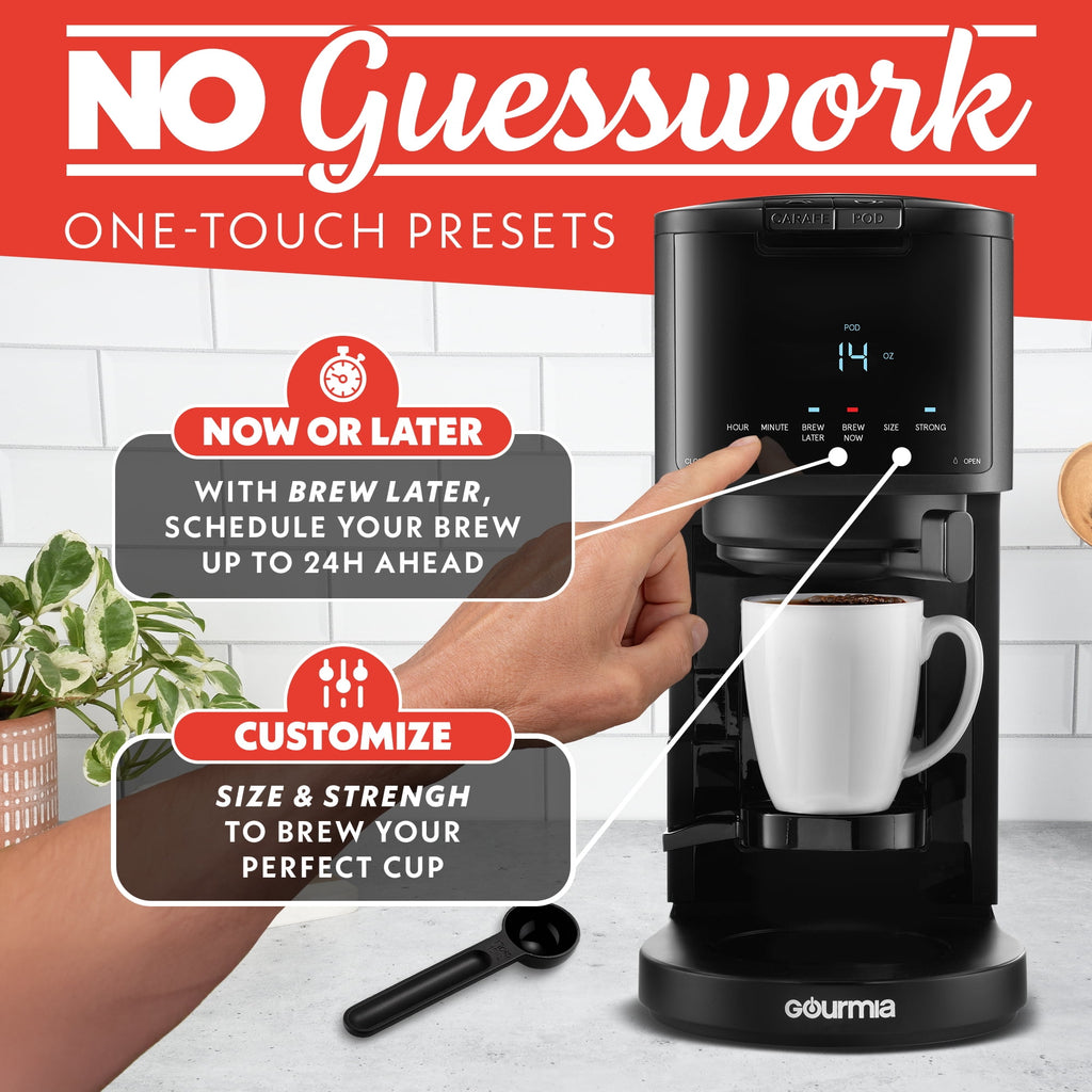 Gourmia 2-in-1 Coffee Maker, Single Serve Pod + 12 Cup Drip, K-Cup Compatible, Black