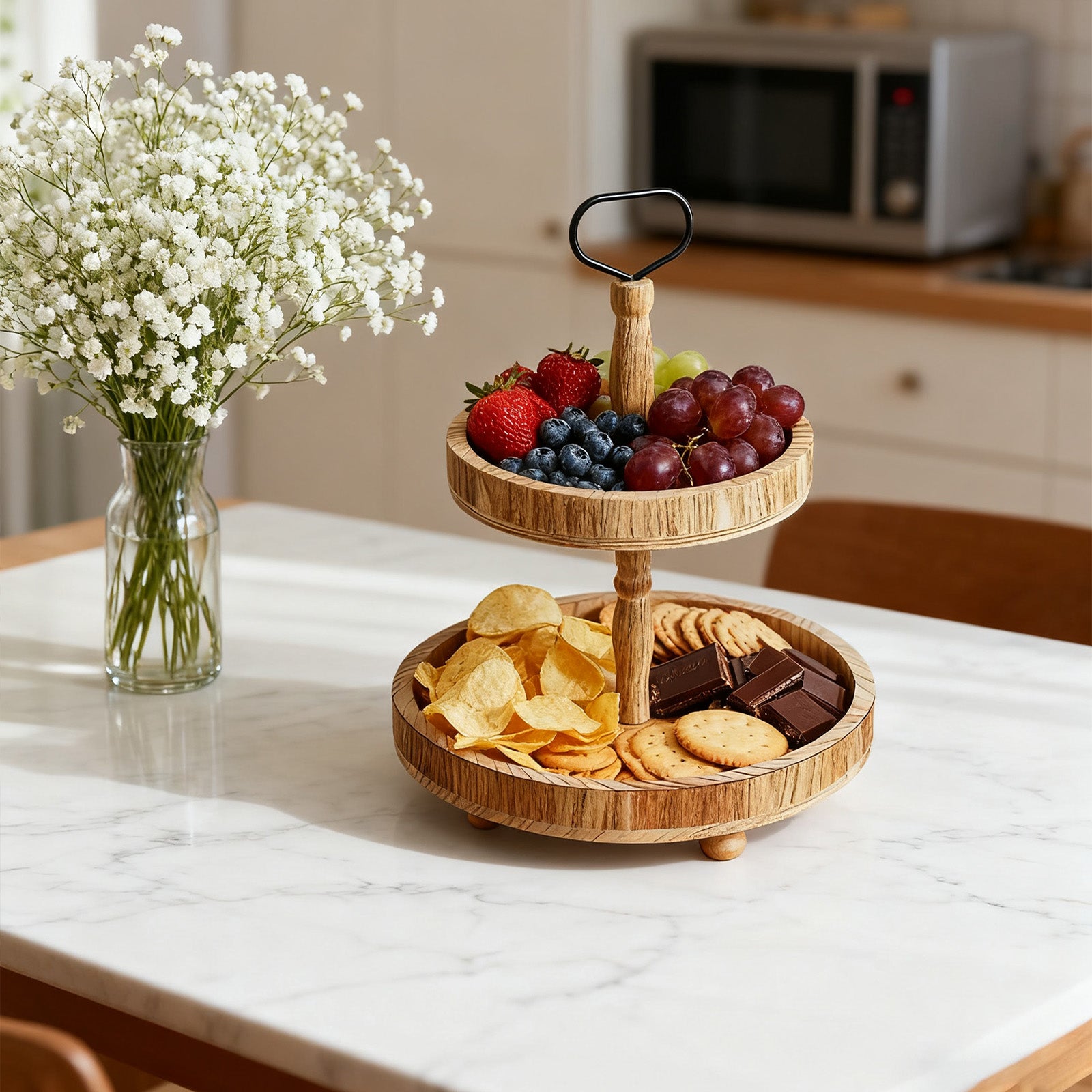 Double Tier Wooden Tray Stand, Rustic Decorative Serving & Display Tray, Seasonal Holiday Tiered Organizer For Home Kitchen Living Room Entryway