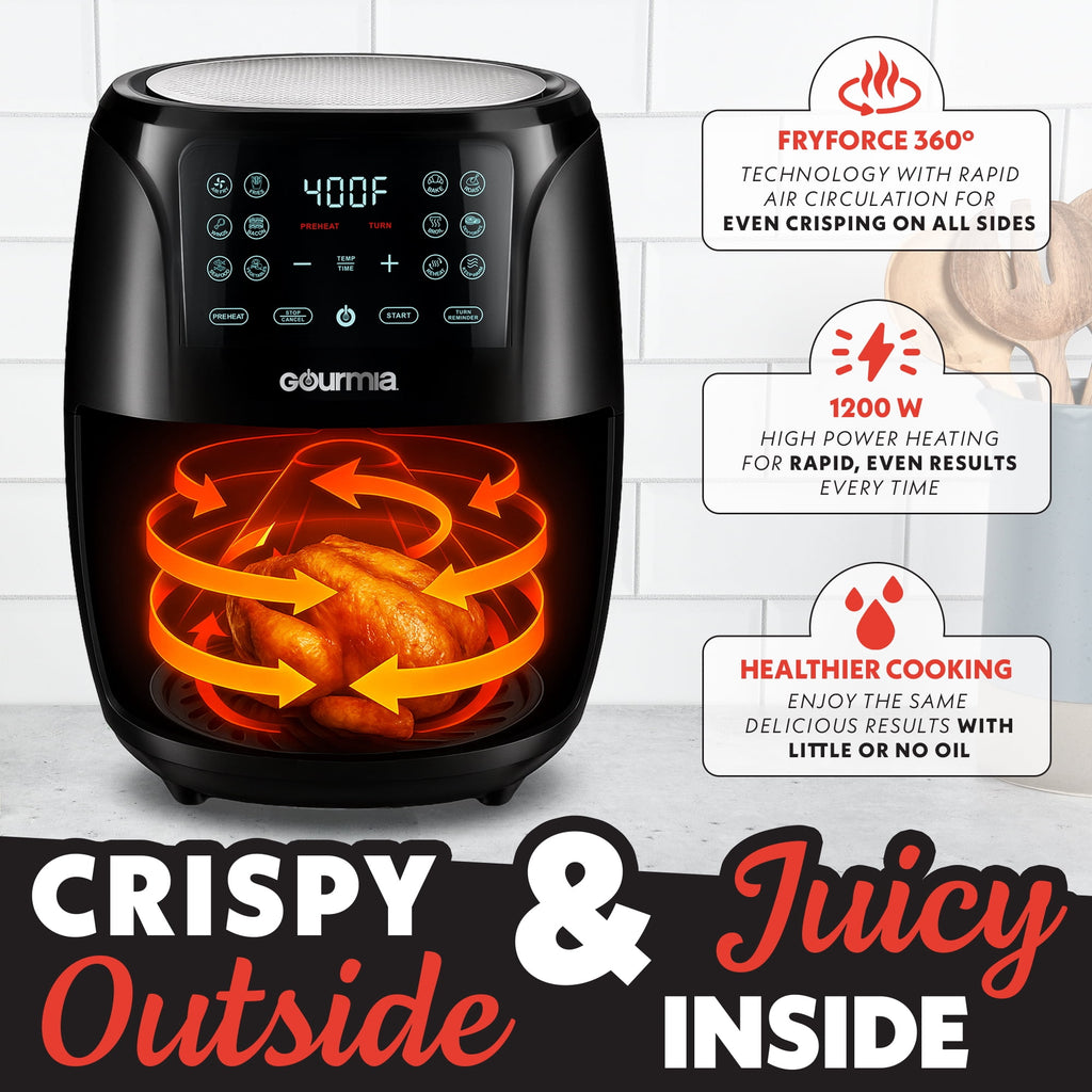 Gourmia 4 Qt Air Fryer, 12 Presets, Digital Display, FryForce 360°, Compact, Black