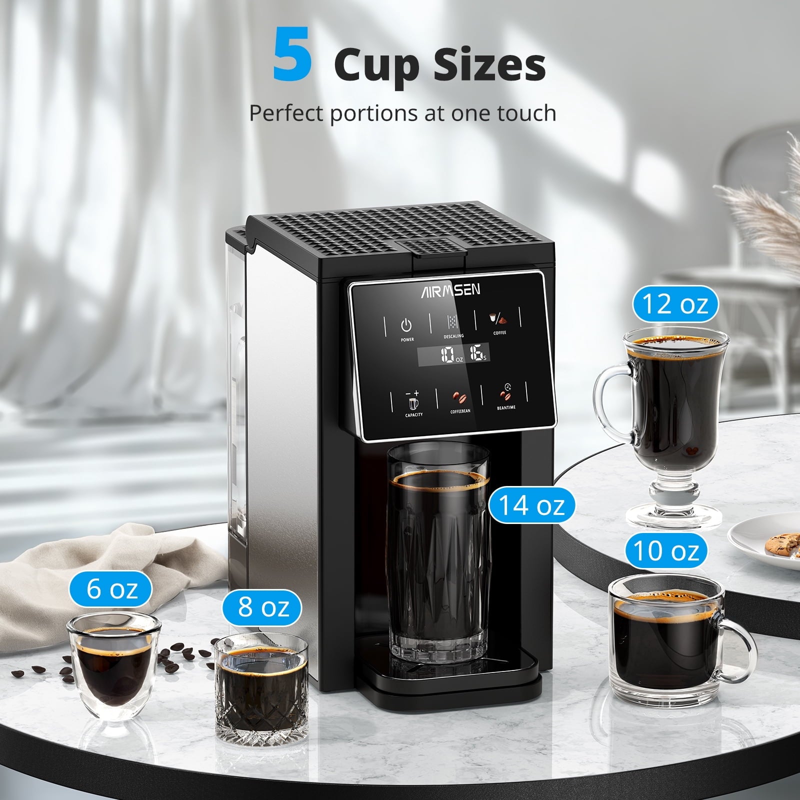 AIRMSEN 3 in 1 Single Serve Coffee Maker with Grinder, K Cup Coffee Machine Compatible with Grounds and Beans, Instant Coffee Pot with 6 Grind Levels & 6-14oz Cup Sizes, BPA-Free