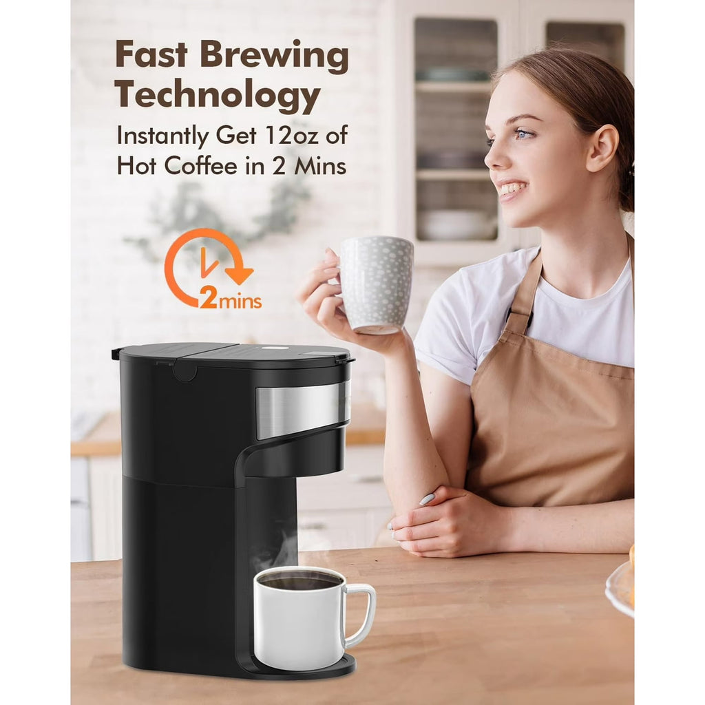 Jesslyn 2-in-1 Single Serve Coffee Maker, Compatible with K-Pods & Grounds, Fast Brew, Compact Design, 6-12oz