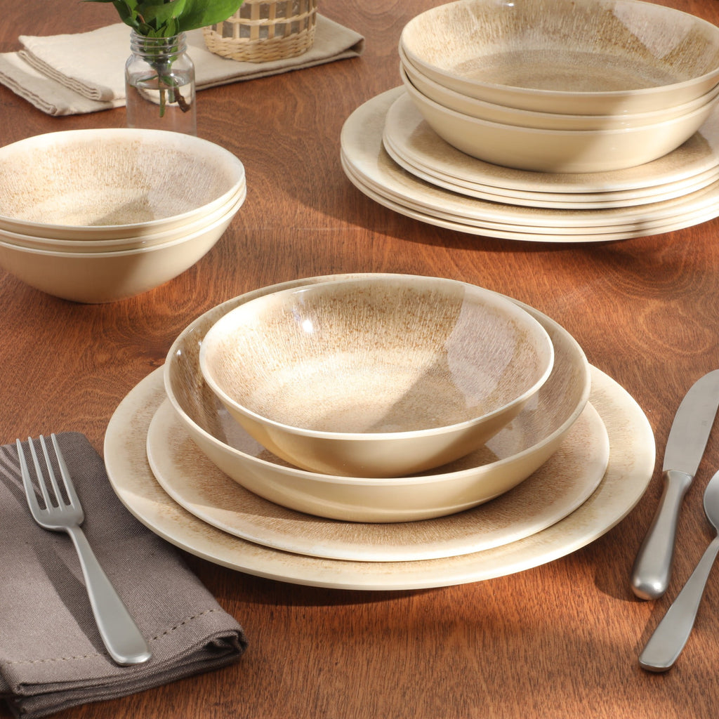 Gibson Home Casper Court 16-Piece Melamine Dinnerware Set – Reactive Glaze Look - Service for - Beige