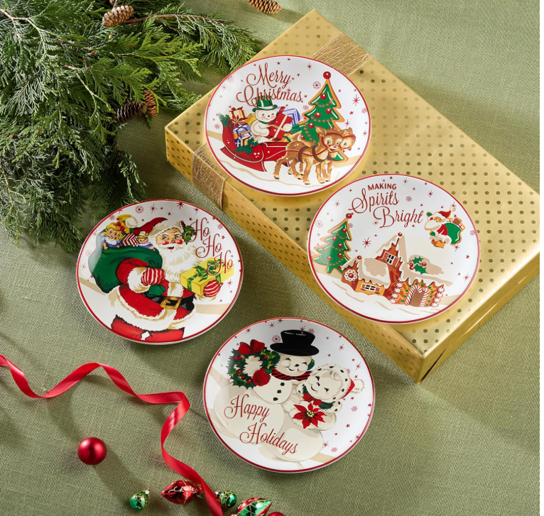 Santa’s Retro Christmas Dessert Plates – Set of 4 Assorted Holiday Plates with Santa, Reindeer & Snowman Art, Festive Vintage Tableware for Christmas