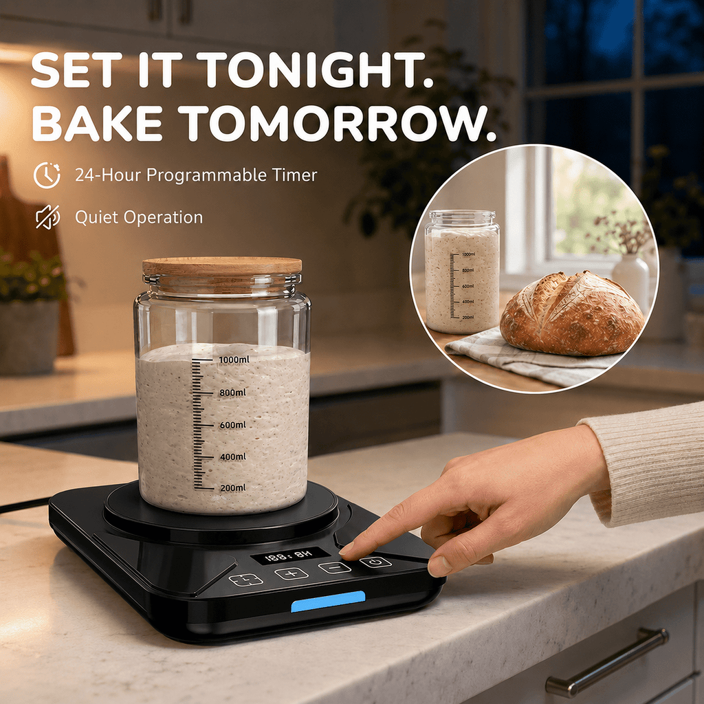 Sourdough Starter Warmer Mat - 24H Timer - Precise 1°F Thermostat Control (70-100°F) - Smart Memory Warming On/Off - Fits Jars Up to 40oz - Perfect for Home Baking (Black)