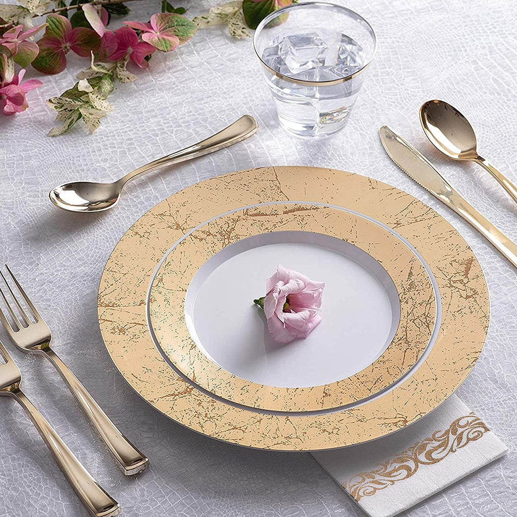 125-Piece White and Gold Floral Fancy Plastic Plates Disposable with Silverware, Elegant Dinnerware for Weddings, Holiday Party China, Set of 25 Dinner + Salad Plates, 25 Spoons, 25 Forks, 25 Knives