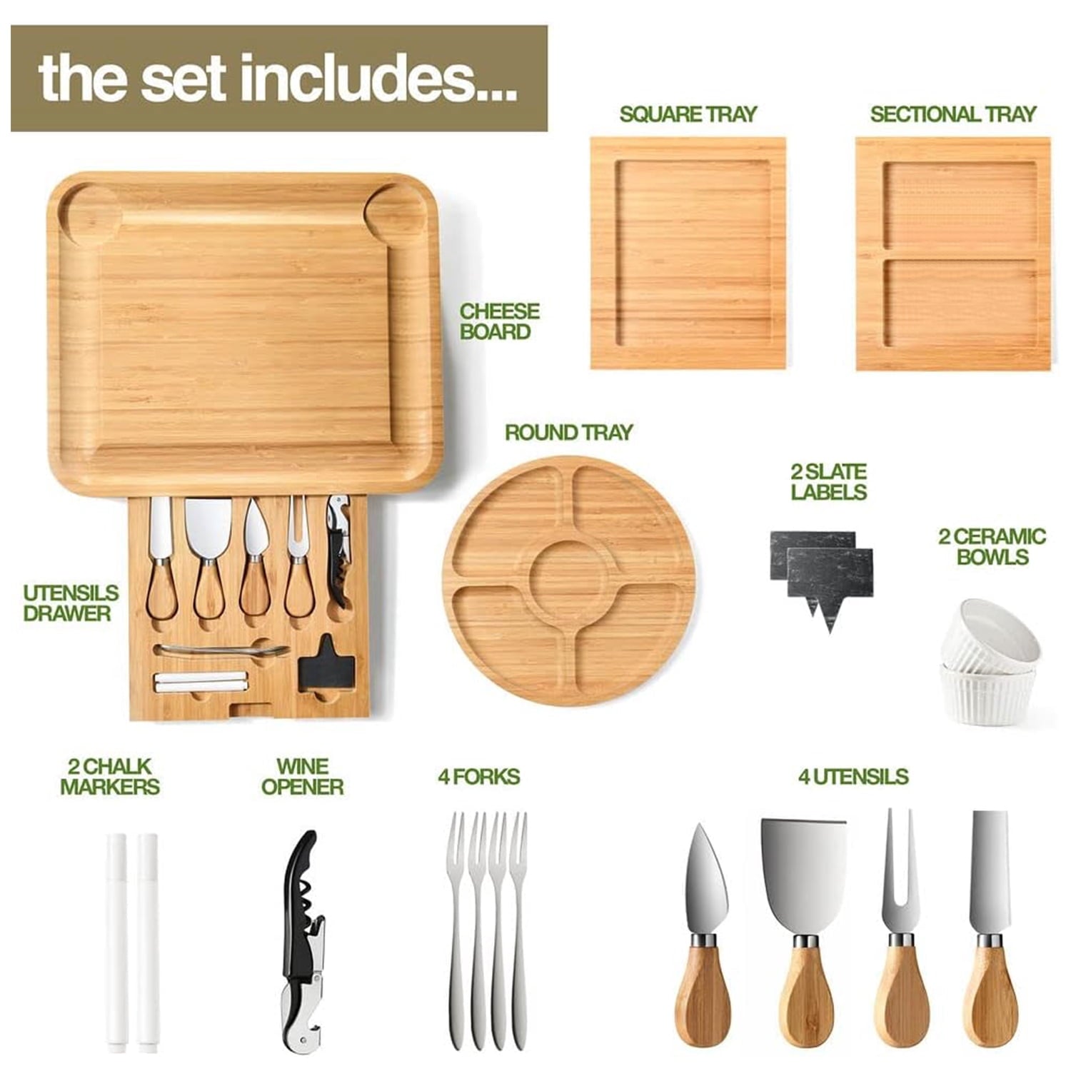BN-LINK Charcuterie Board Set, 3 Drawers Large Bamboo Cheese Board & Platter with Accessories, House Warming Gift & Holiday Gift