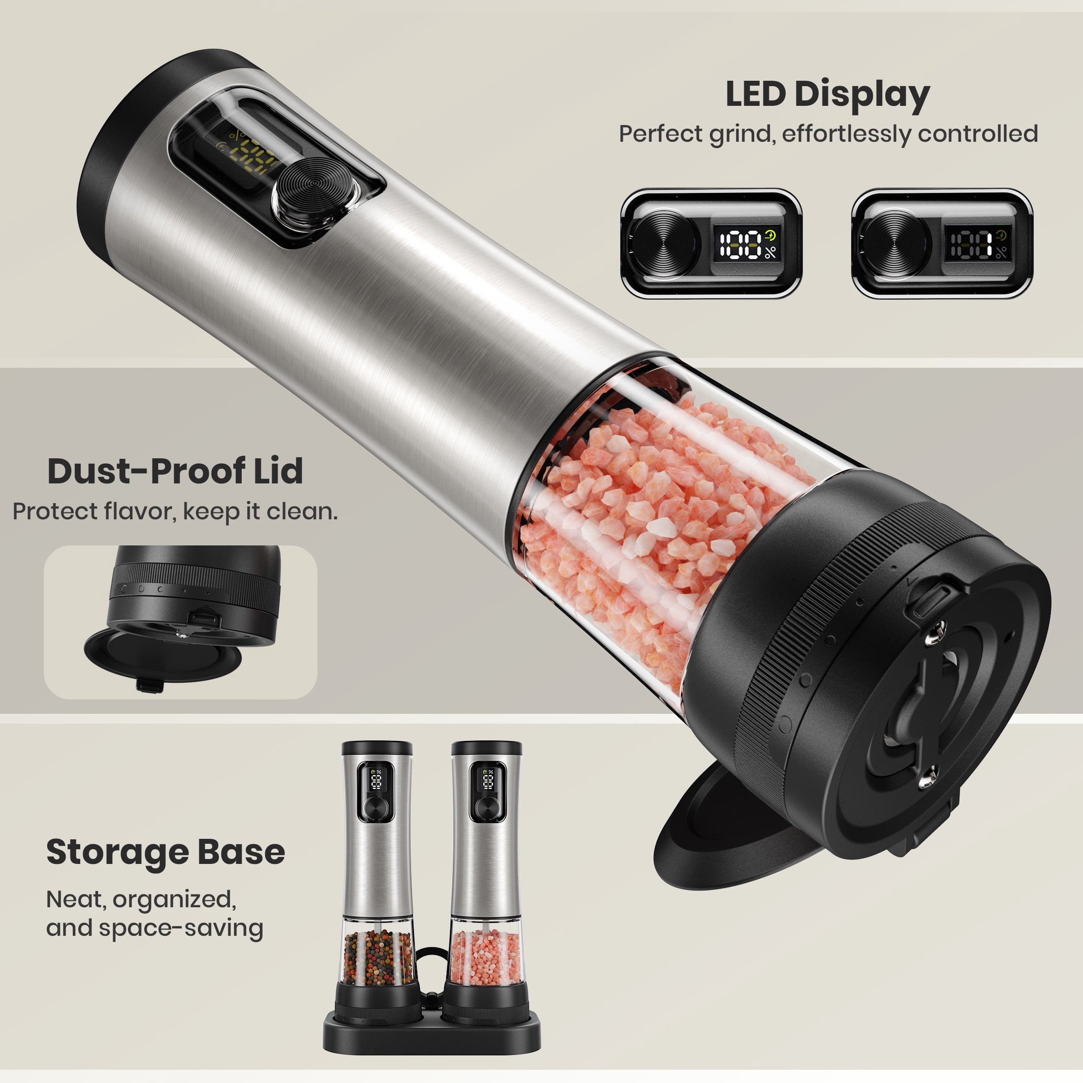 Moreblue Electric Salt and Pepper Grinder Set, Automatic Rechargeable Salt and Pepper Mill with LED Display, Salt Pepper Shaker Electric with 5 Adjustable Coarseness