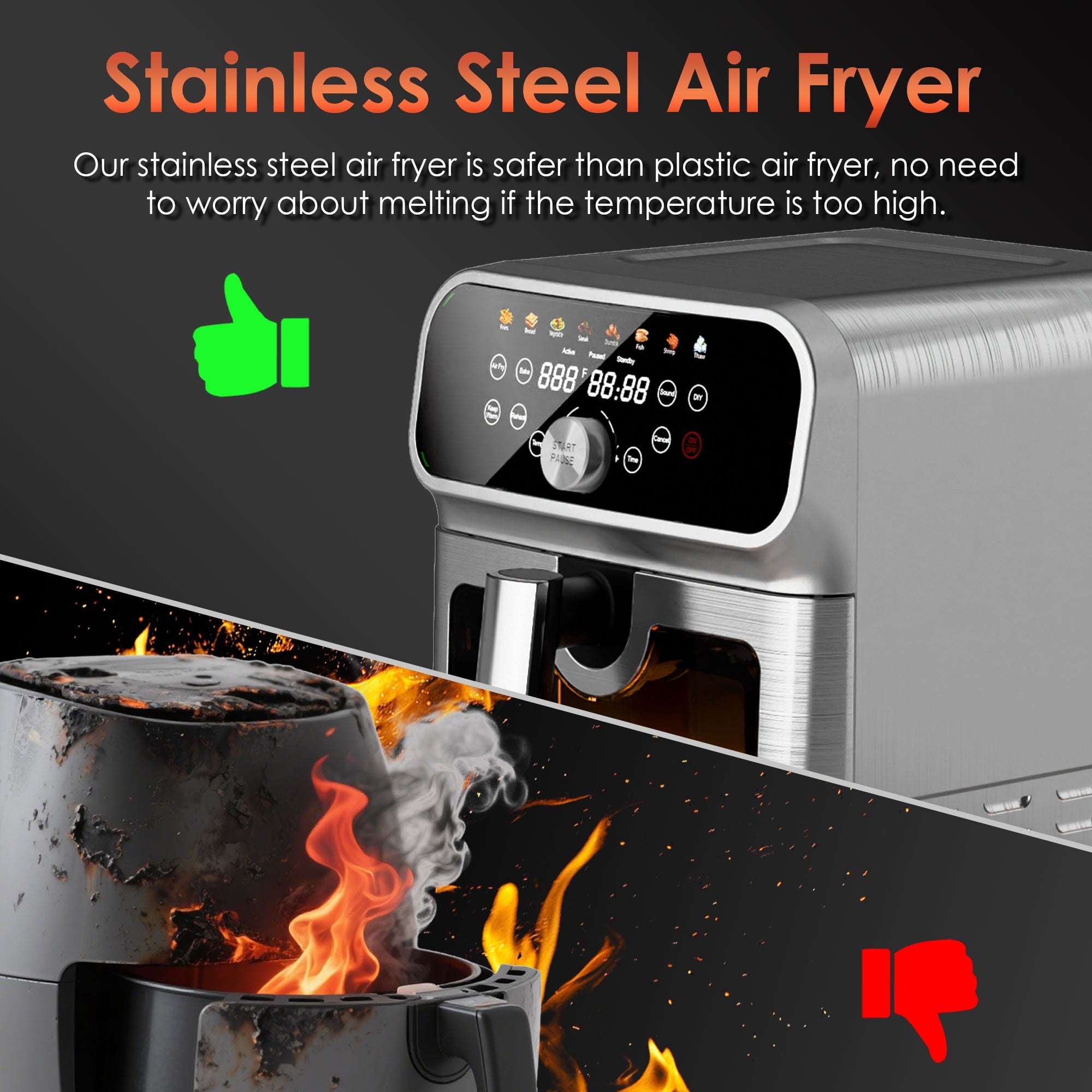 WHALLSE 6QT Air Fryer with Visual Window, 8 Preset Menus & 360° Rapid Air Circulation for Healthy Oil-Less Cooking,Exterior: Stainless Steel