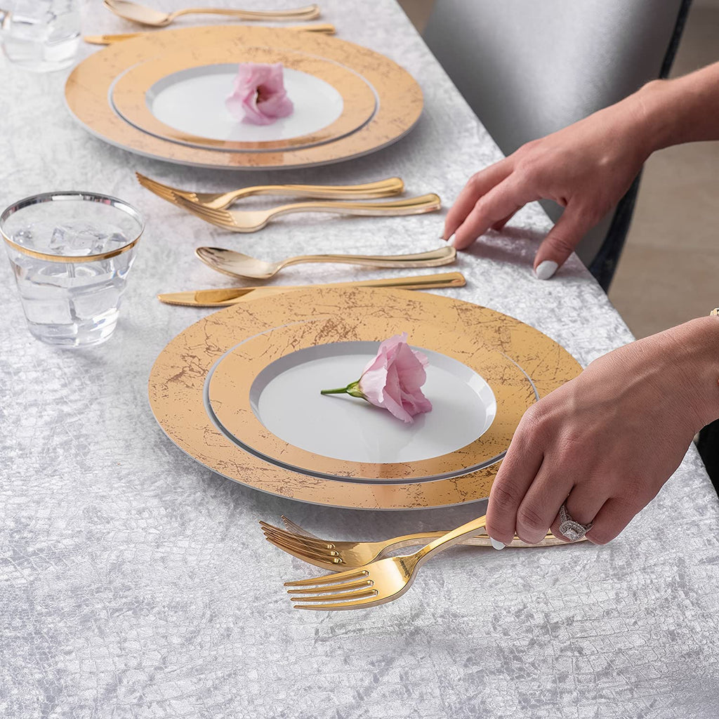 125-Piece White and Gold Floral Fancy Plastic Plates Disposable with Silverware, Elegant Dinnerware for Weddings, Holiday Party China, Set of 25 Dinner + Salad Plates, 25 Spoons, 25 Forks, 25 Knives