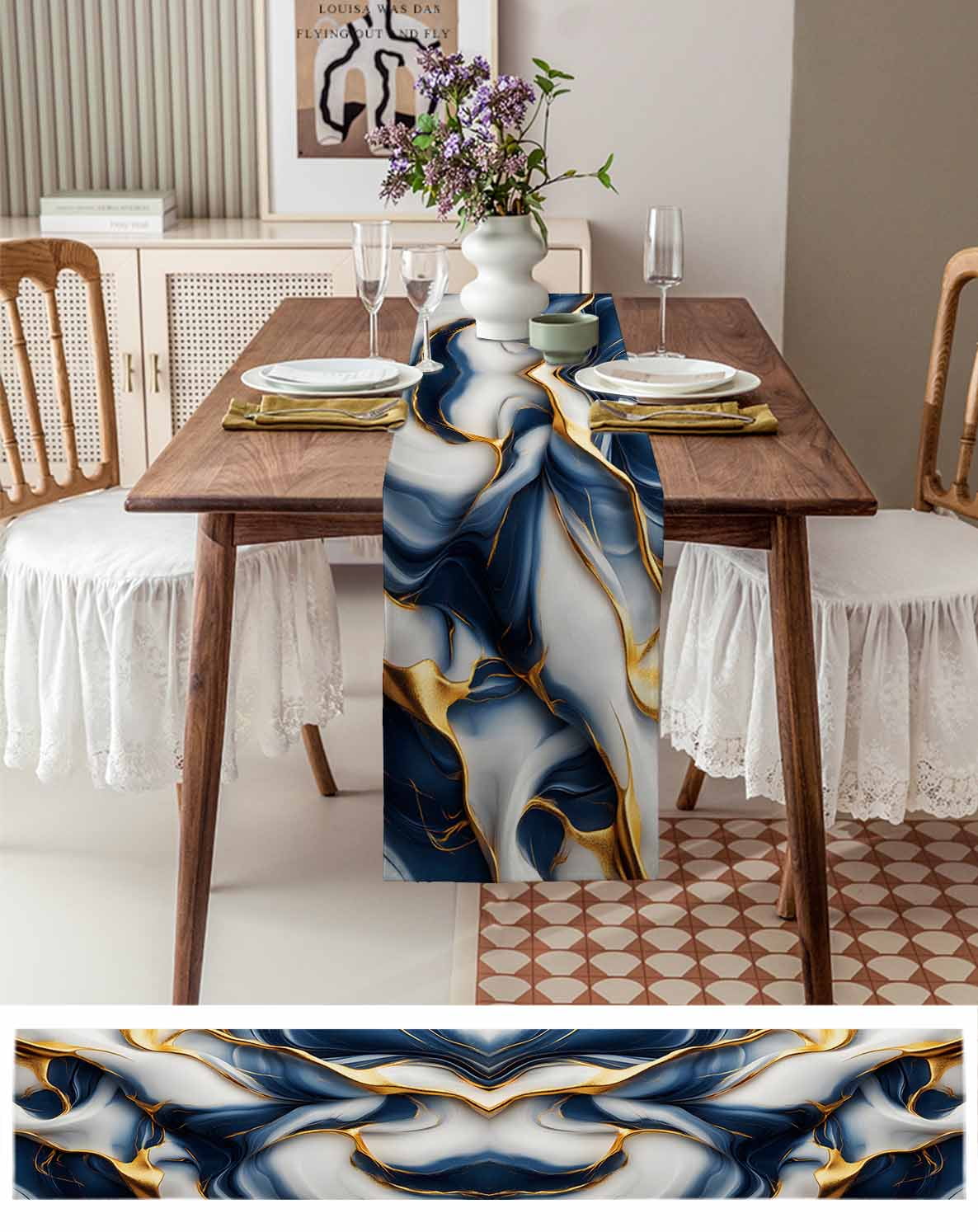 Navy Blue Marble Table Runner 120 Inches Long for Dining Table Decor,Gold Modern Granite Surface Motif Sketch Burlap Linen Farmhouse Table Runner Coffee Table Runners for Kitchen Party Holiday