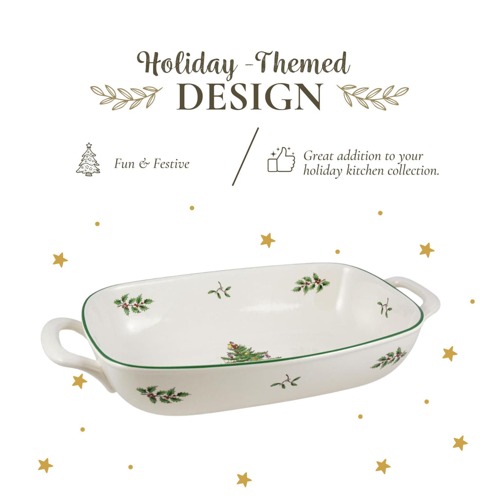 Spode Christmas Tree Oval Breadbasket, 12 Inch Handled Bowl for Fruit, Bread, Cookies - Porcelain Gift, Holiday Serveware & Oven to Table Lasagna Dish, Dishwasher Safe Tableware