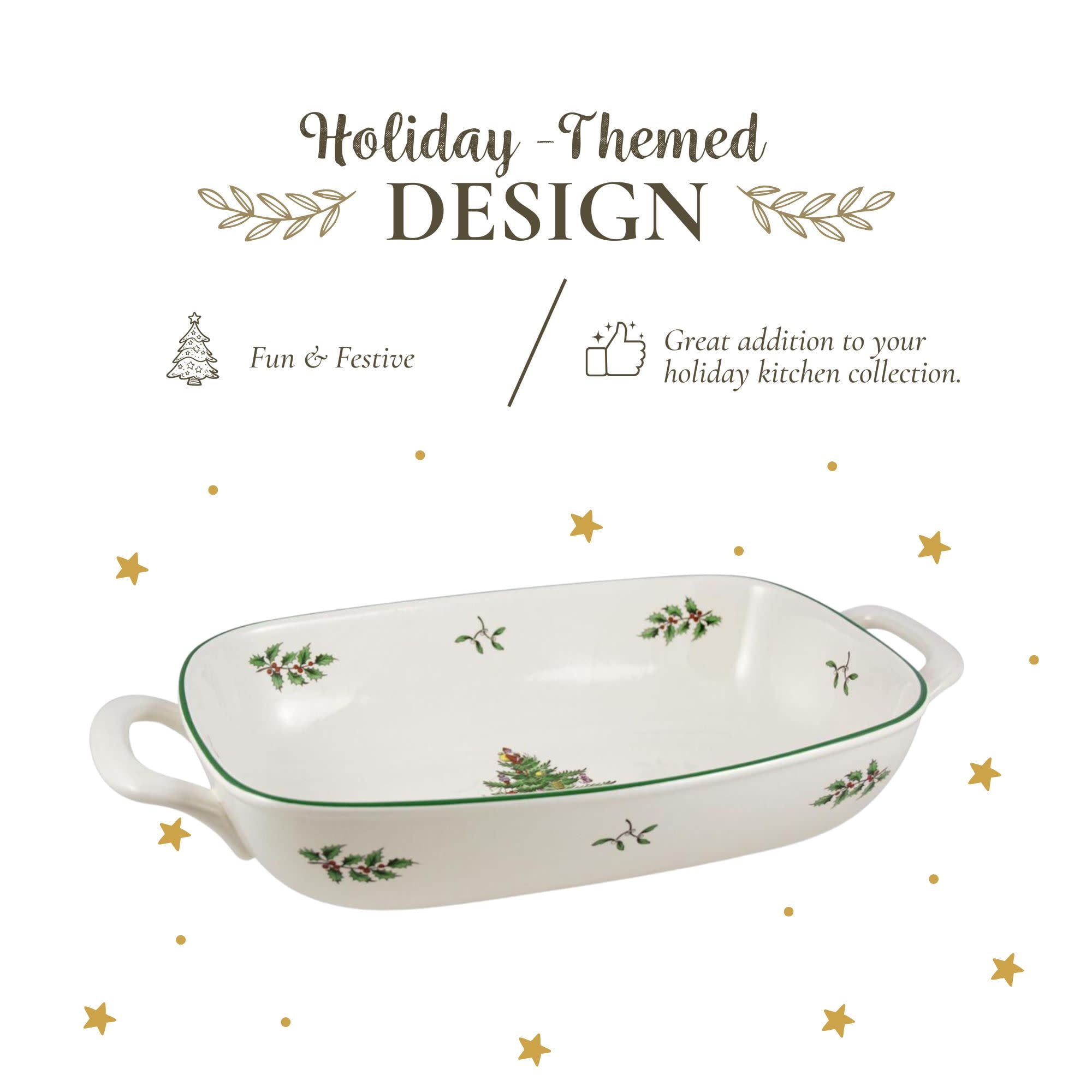 Spode Christmas Tree Oval Breadbasket, 12 Inch Handled Bowl for Fruit, Bread, Cookies - Porcelain Gift, Holiday Serveware & Oven to Table Lasagna Dish, Dishwasher Safe Tableware