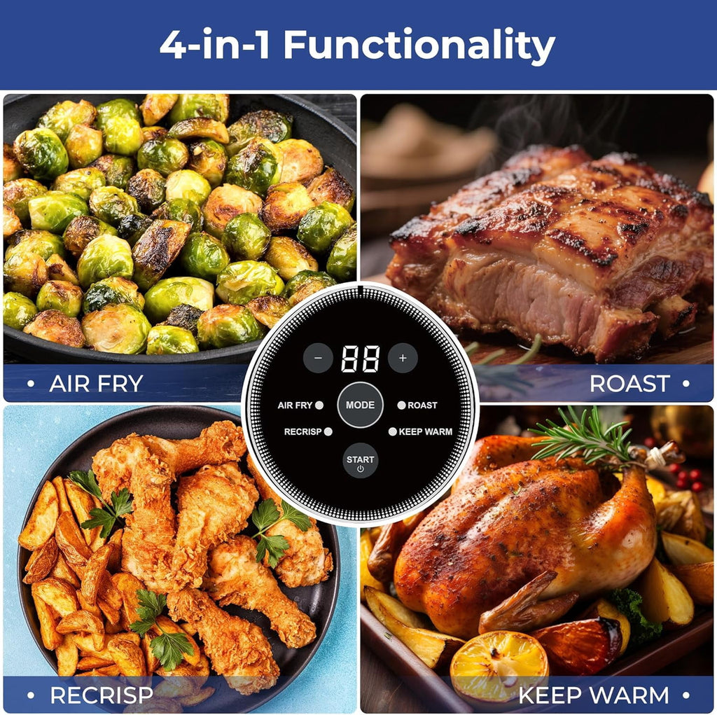 Rosewill 4-in-1 Portable Glass Air Fryer, 4.7QT Transparent Glass Cooking Pot with Storage Lid & Tongs, Compact Smart for Deep Roast, Recrisp, Keep Warm – Navy Blue