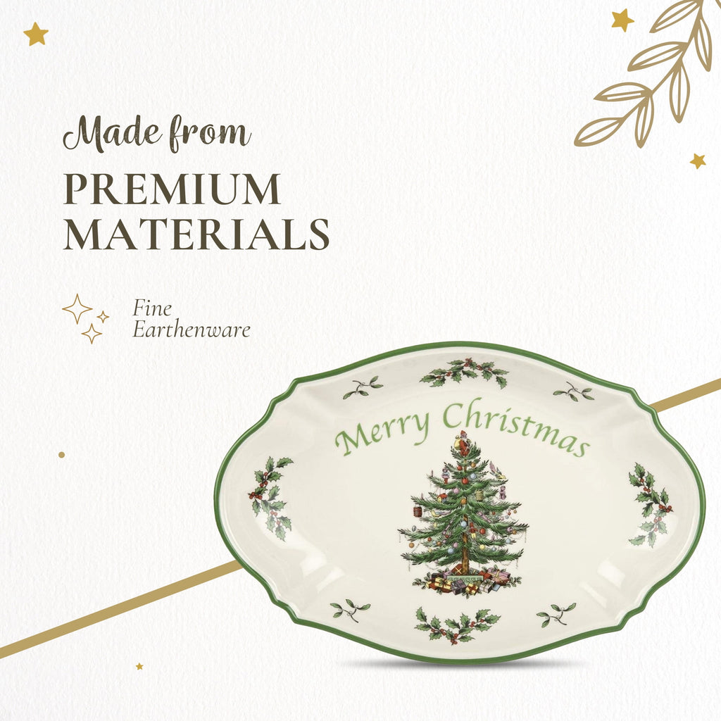 Spode Christmas Tree Oval Festive Tray - 11-Inch Rectangular Earthenware Serving Tray, Holiday Tableware - Seasonal Trays for Entertainment - Dishwasher, Microwave, Oven Safe