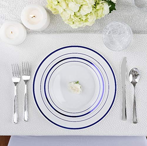 125-Piece White and Blue Fancy Plastic Plates Disposable with Silverware, Elegant Dinnerware for Weddings, Holiday Party China, Set of 25 Dinner + Salad Plates, 25 Spoons, 25 Forks, 25 Knives