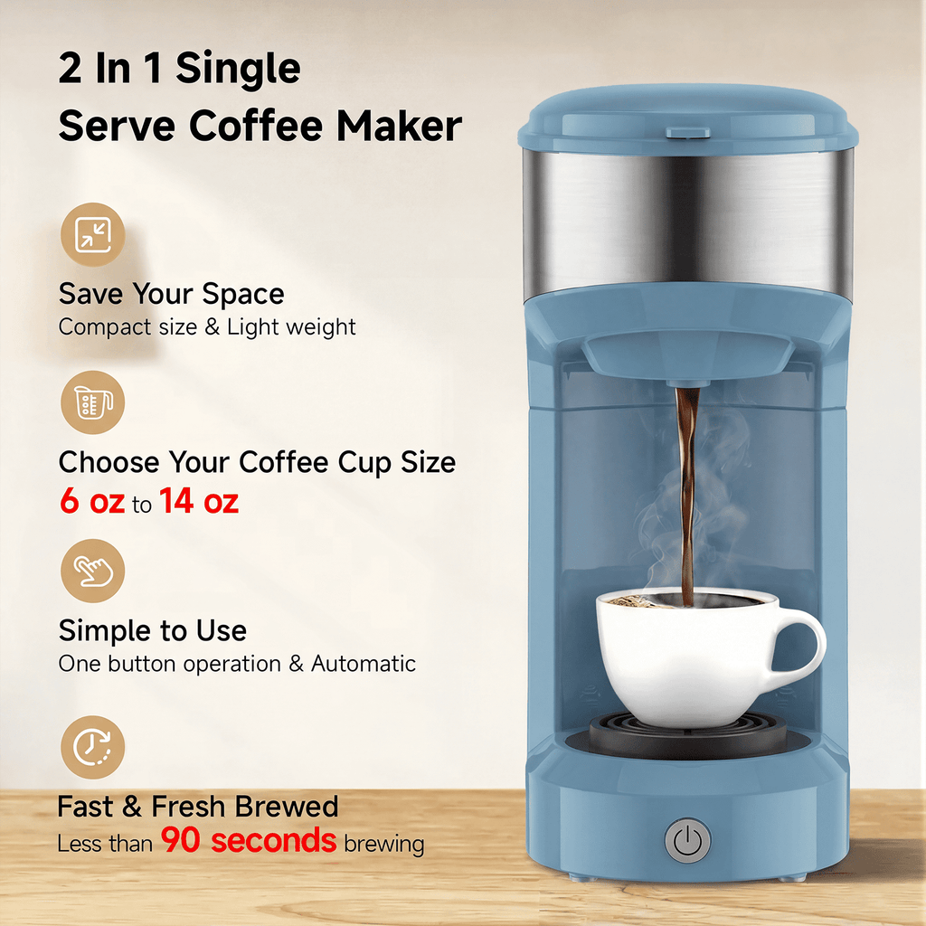 Single Serve Coffee Maker for K Pod, 2-in-1 Coffee Maker Single Serve & Ground Coffee Brewer, Quick Brew 6 to 14oz Brew size Carefree Auto Shut-off Small Coffee Machine for Apartment