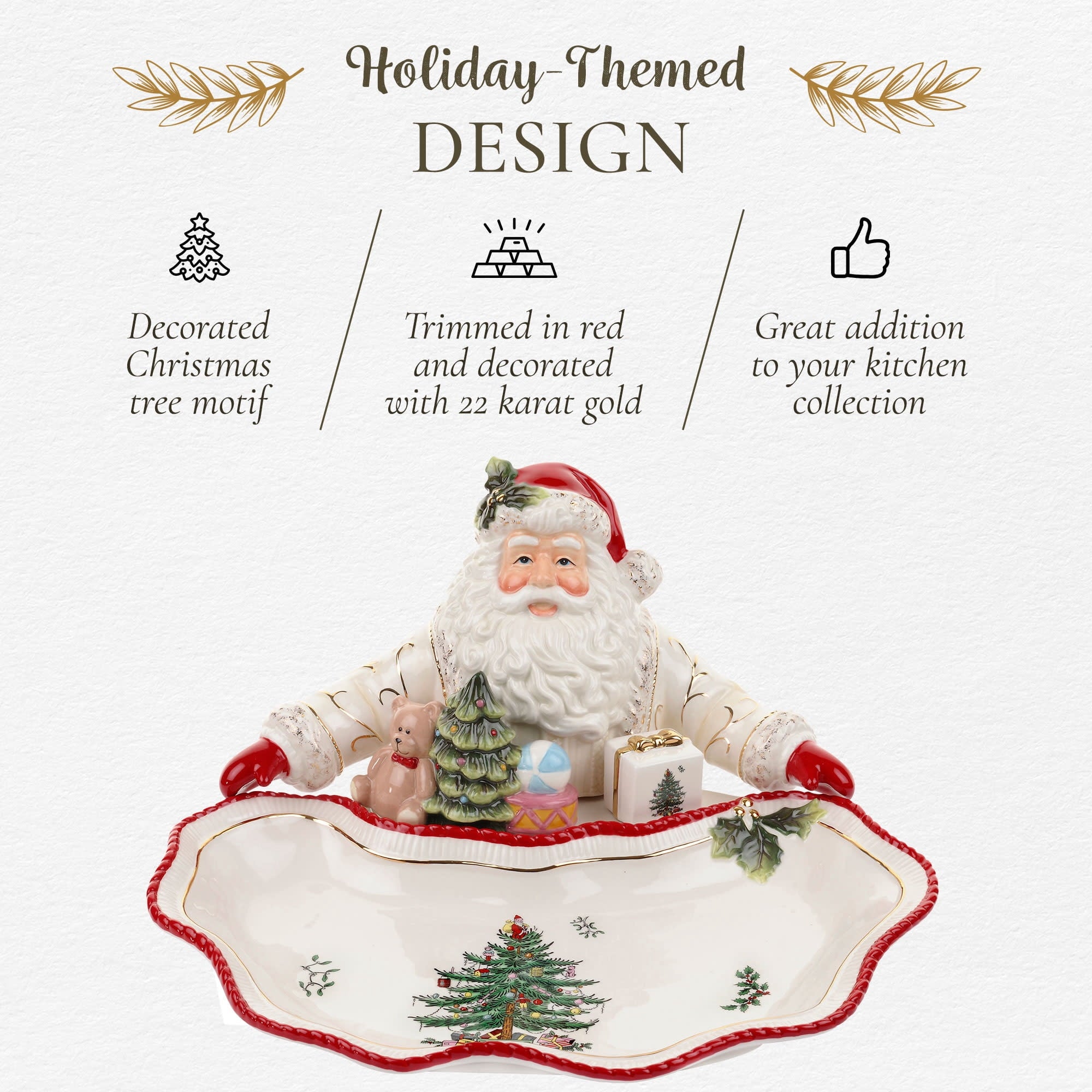 Spode Christmas Tree Gold Collection Figural Santa Dish, 12.25-Inch Holiday Décor Candy Bowl - Fine Earthenware with 22-Karat Gold Accents, Christmas Mantel Decoration & Holiday Tableware
