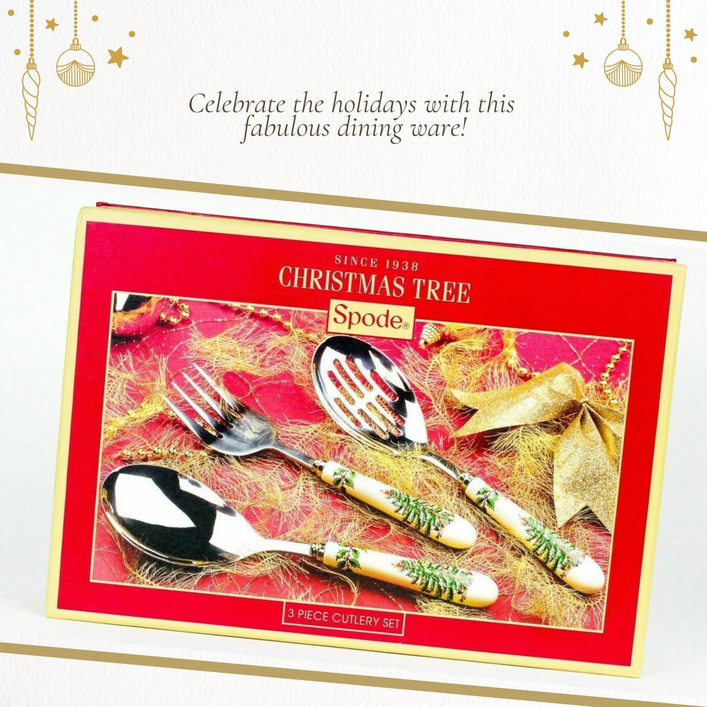 Spode Christmas Tree 3-Piece Stainless Steel Cutlery Set - Porcelain Handle Flatware with Meat Fork, Serving Spoon, & Slotted Spoon - Holiday Silverware for Christmas Dinners & Seasonal Gatherings