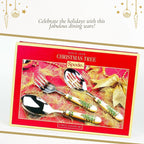 Spode Christmas Tree 3-Piece Stainless Steel Cutlery Set - Porcelain Handle Flatware with Meat Fork, Serving Spoon, & Slotted Spoon - Holiday Silverware for Christmas Dinners & Seasonal Gatherings