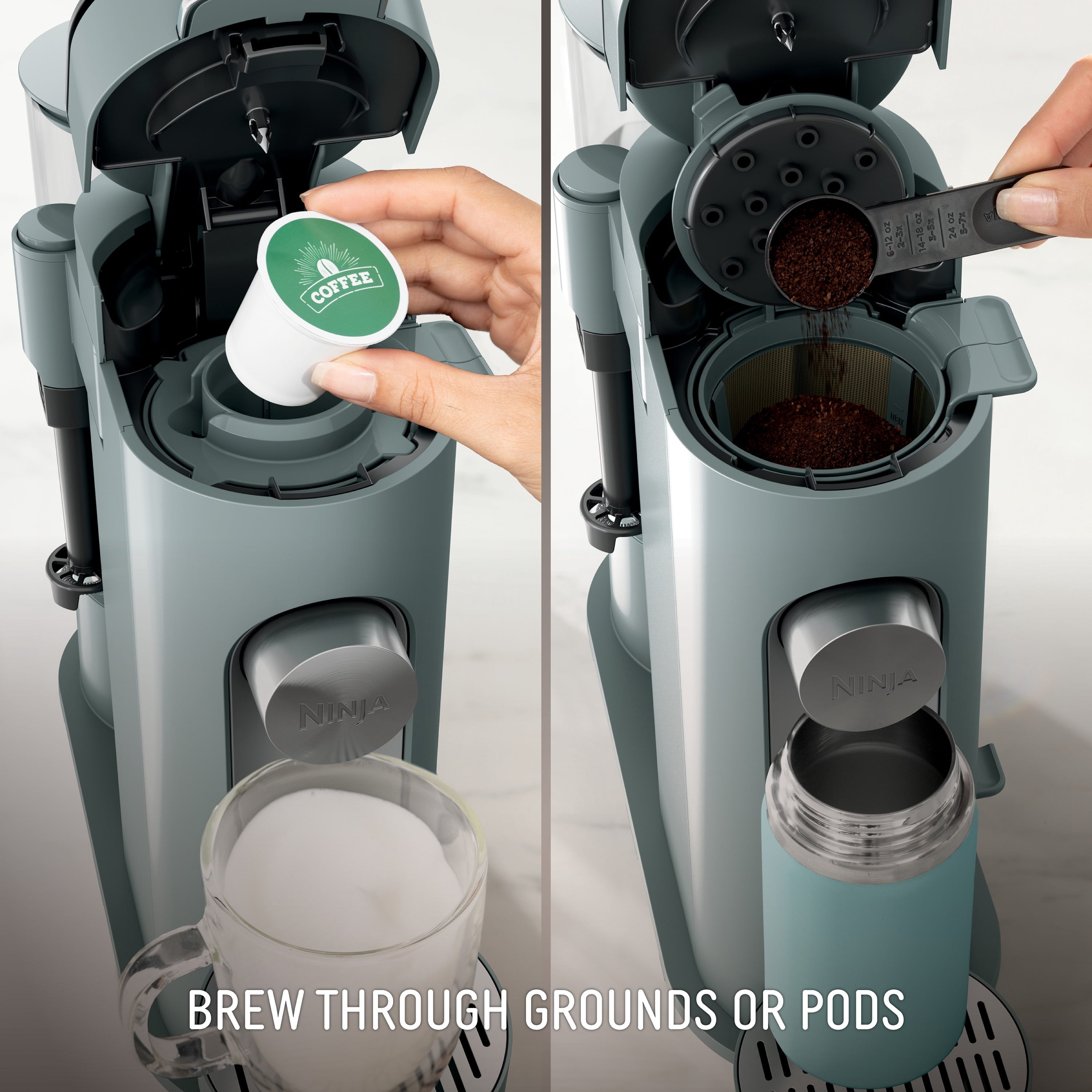 Ninja Pods & Grounds Specialty Single-Serve Coffee Maker, K-Cup Pod Compatible, Built-In Milk Frother, PB051SG, Sage Green