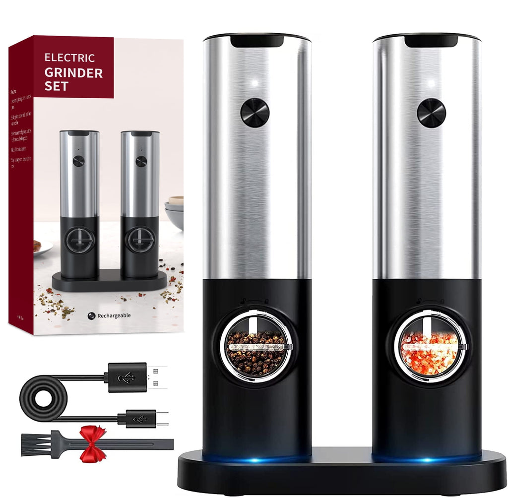 Electric Salt and Pepper Grinder Set, OGEDNAC Automatic Electronic Spice Mill Shakers with USB Rechargeable, LED Light, Adjustable Coarseness, One Hand Operated, Stainless Steel