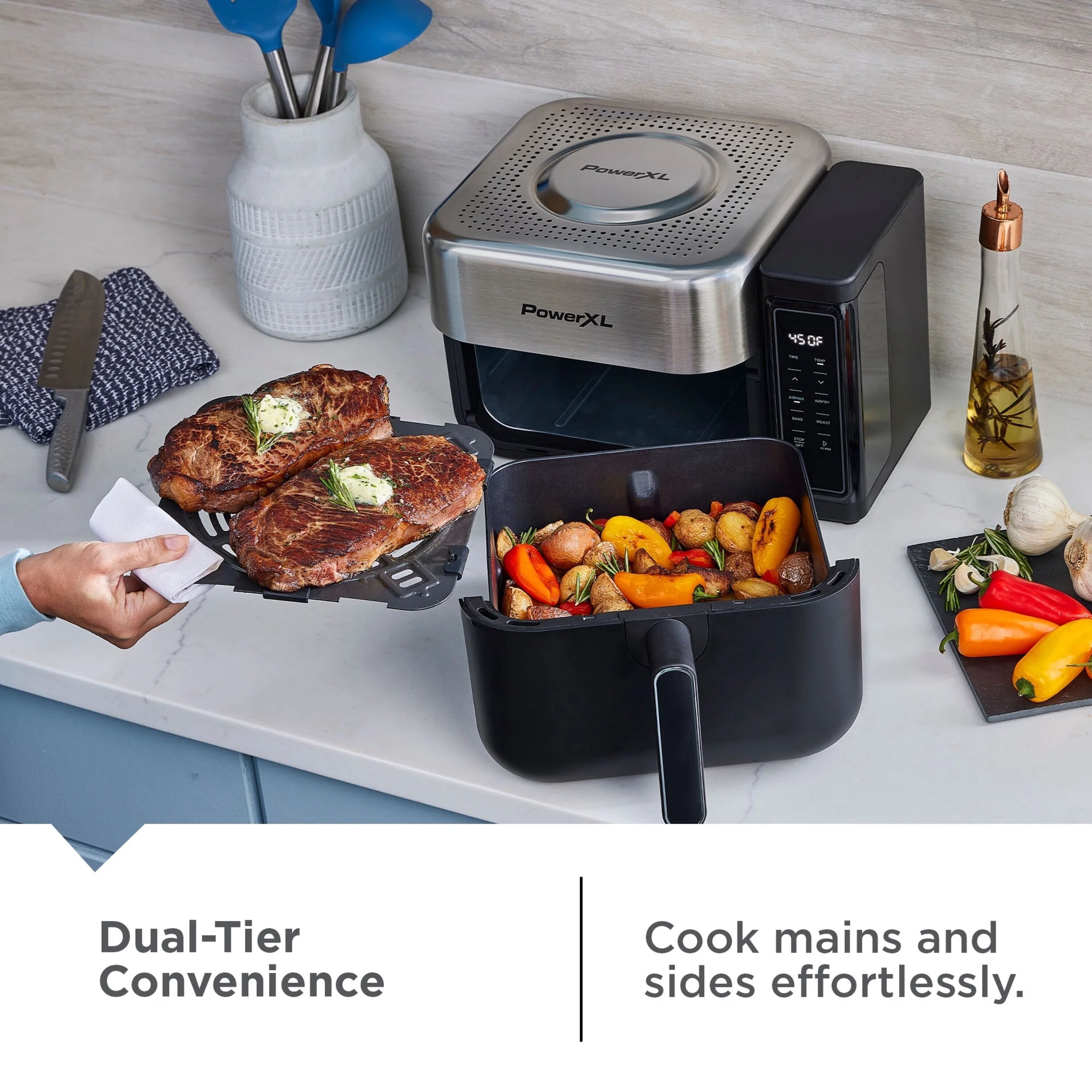 PowerXL 6.3 Quart AirMax Air Fryer Oven with Four Presets and Compact Two-Tier Design, 450F Maximum Temperature, No Preheat Needed