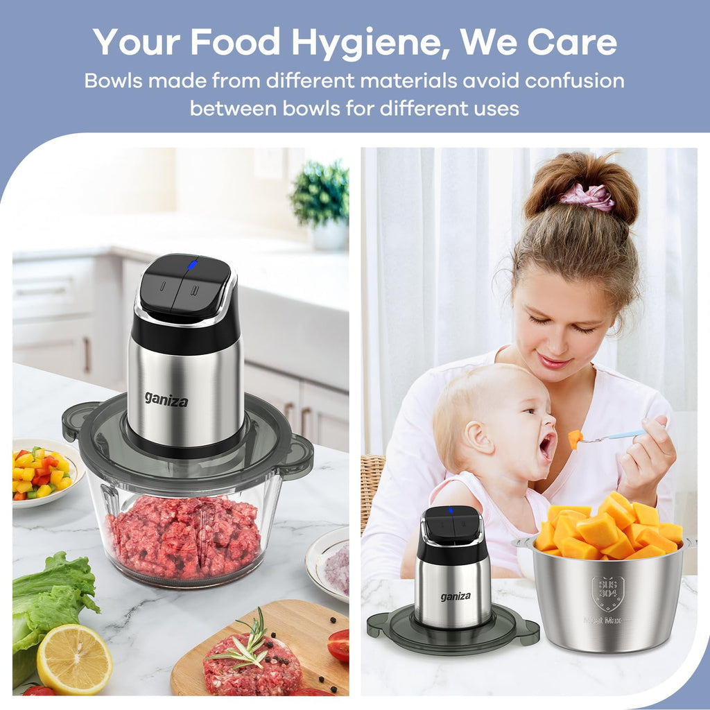 Ganiza Food Processor, 2-Speed Food Chopper Meat Grinder with 2 Bowls, Upgraded Button & Smart Overheat Protection Light - Clean Brush, 2 Blades