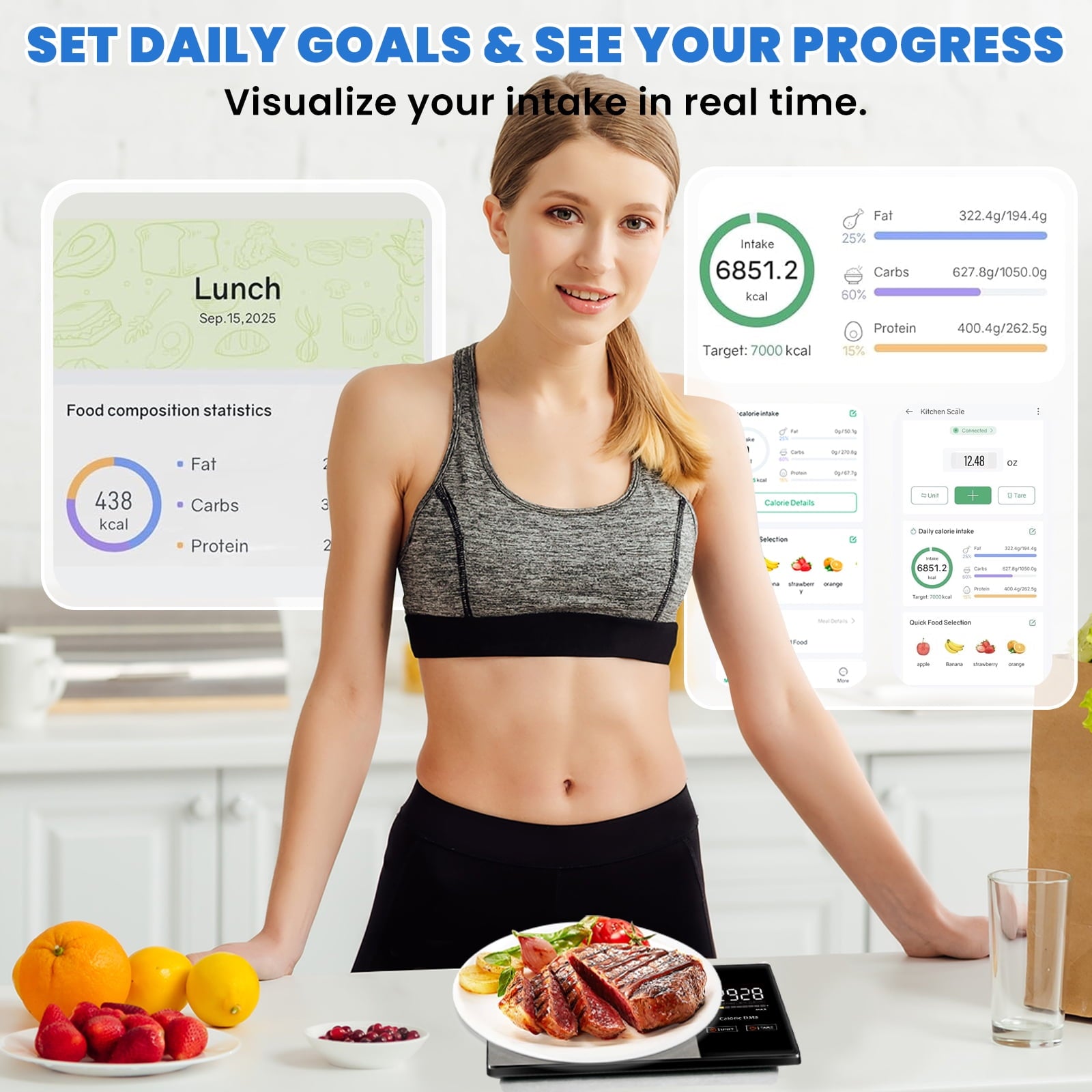 Smart Nutrition Food Scale with LED Touch Display, Tracks Calories, Fat, Carbs & Protein via App, 0.01oz Precision Digital Kitchen Scale for Healthy Eating & Meal Prep(batteries Not included)