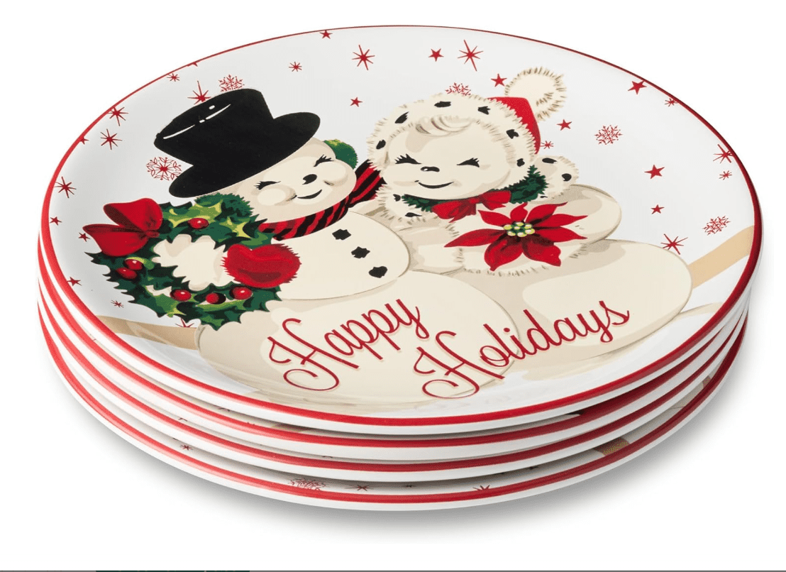 Santa’s Retro Christmas Dessert Plates – Set of 4 Assorted Holiday Plates with Santa, Reindeer & Snowman Art, Festive Vintage Tableware for Christmas