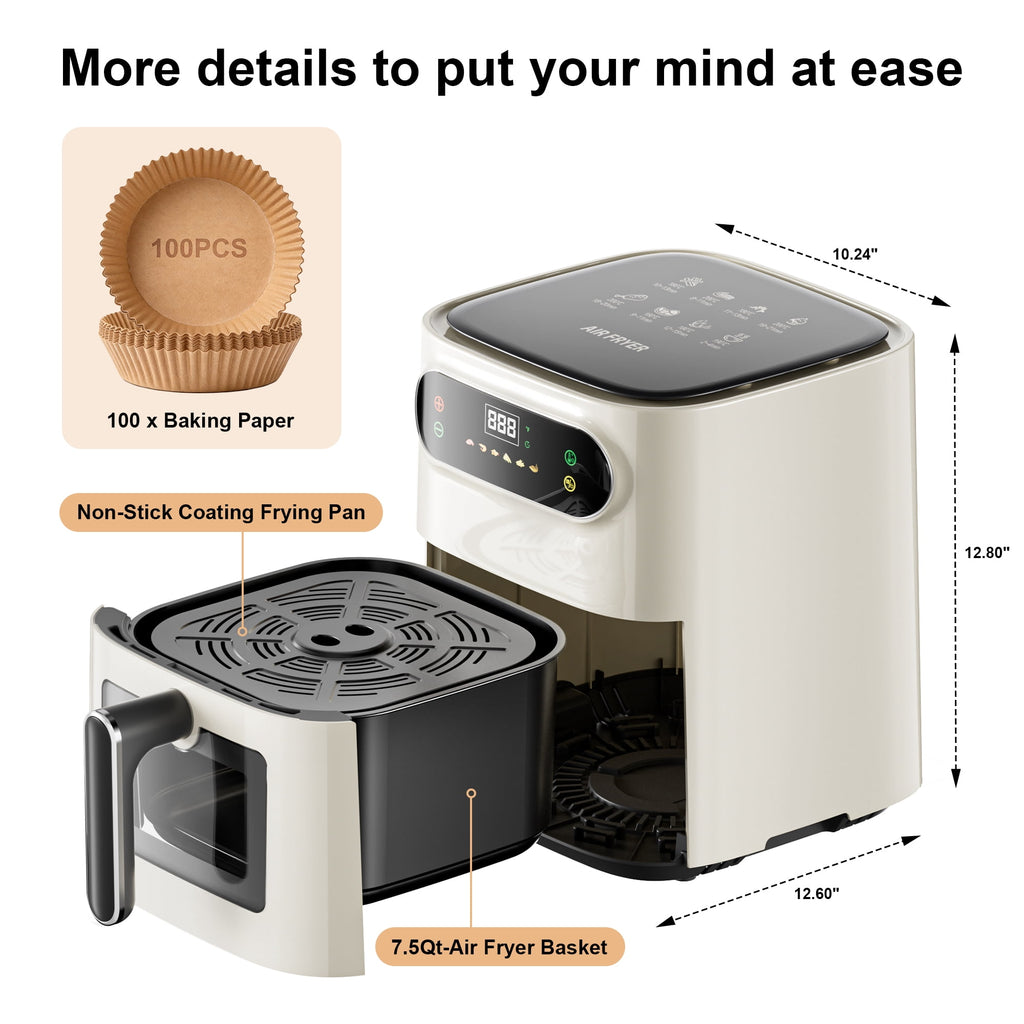Hicloud 7.5QT Air Fryer, 1600W Multifunction Airfryer with Visible Window, Adjustable Time＆Temperature, Nonstick, 85% Less Oil, 100Pcs Liner
