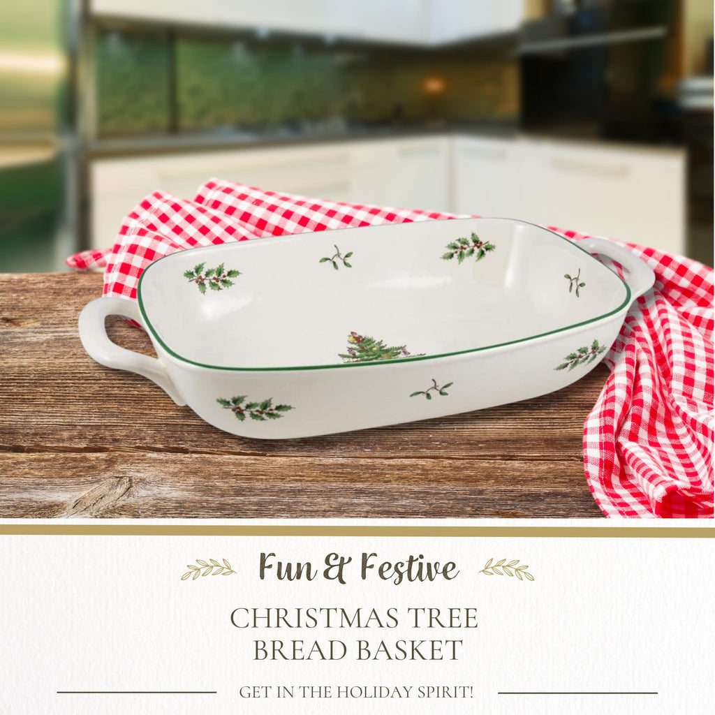 Spode Christmas Tree Oval Breadbasket, 12 Inch Handled Bowl for Fruit, Bread, Cookies - Porcelain Gift, Holiday Serveware & Oven to Table Lasagna Dish, Dishwasher Safe Tableware
